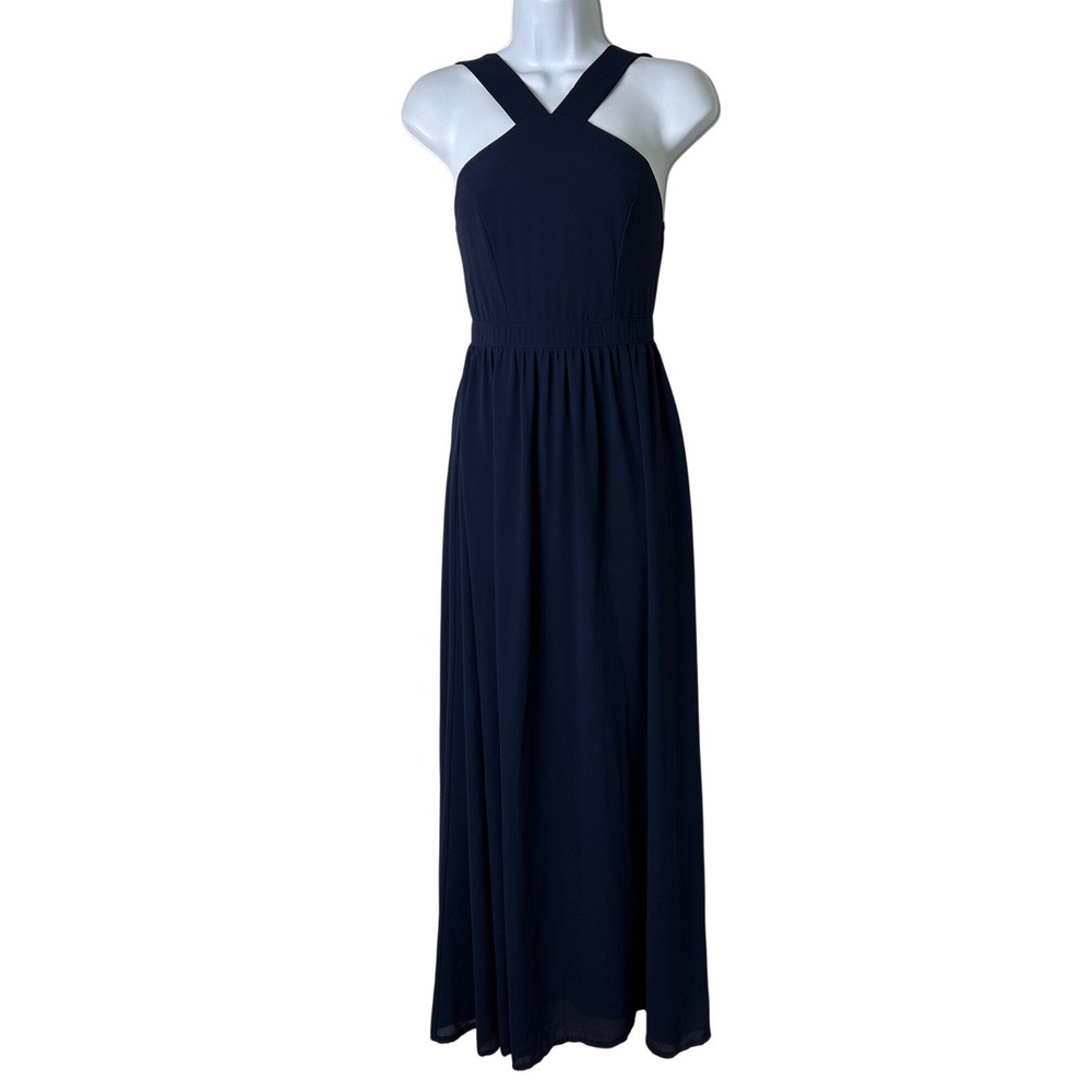 Lulus Womens Crisscross Halter Sleeveless Maxi Dress Size XS Navy Blue Wedding